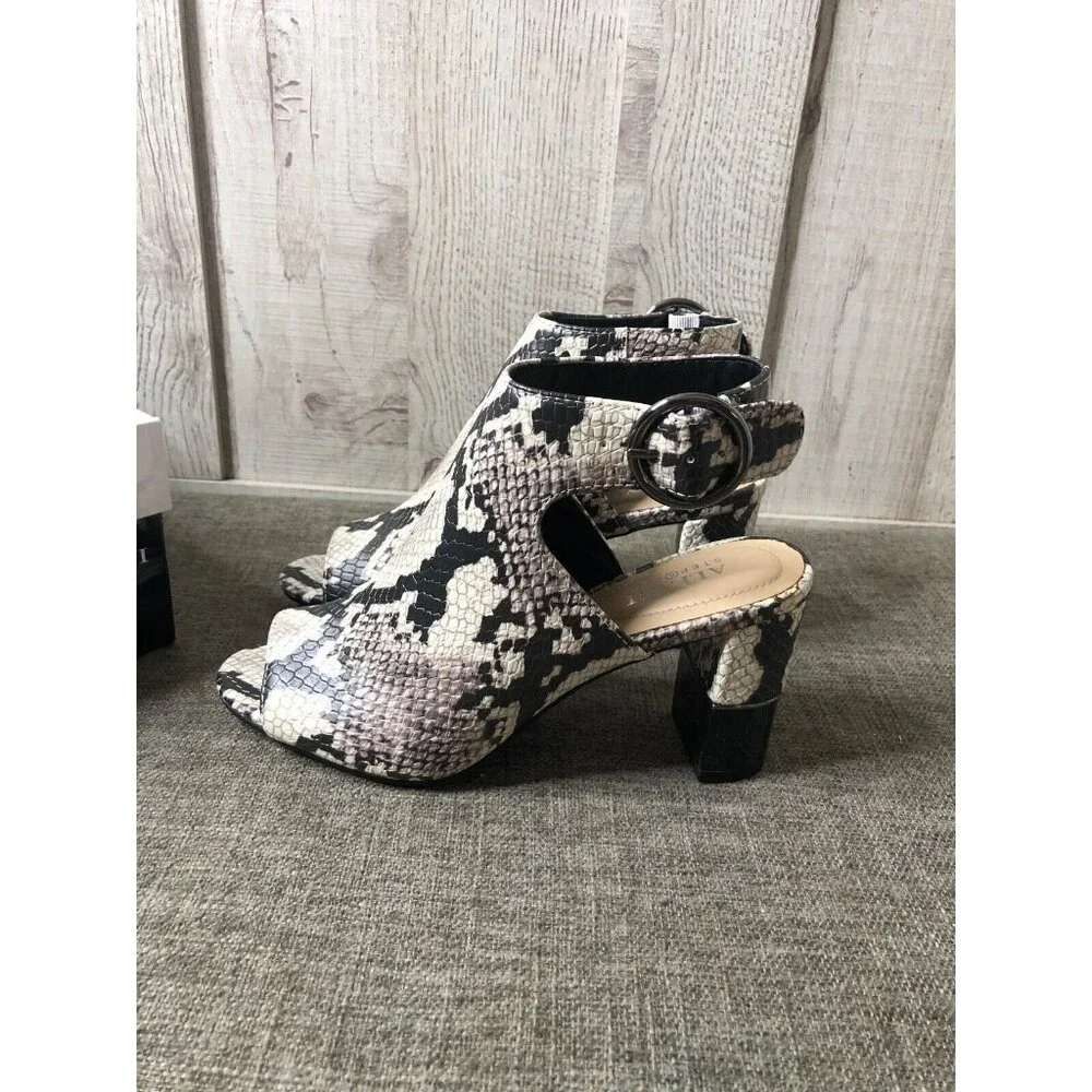 Alfani Womens Shoes Size 6 M Step Flex Black White Snake Print Open Toe Heels
